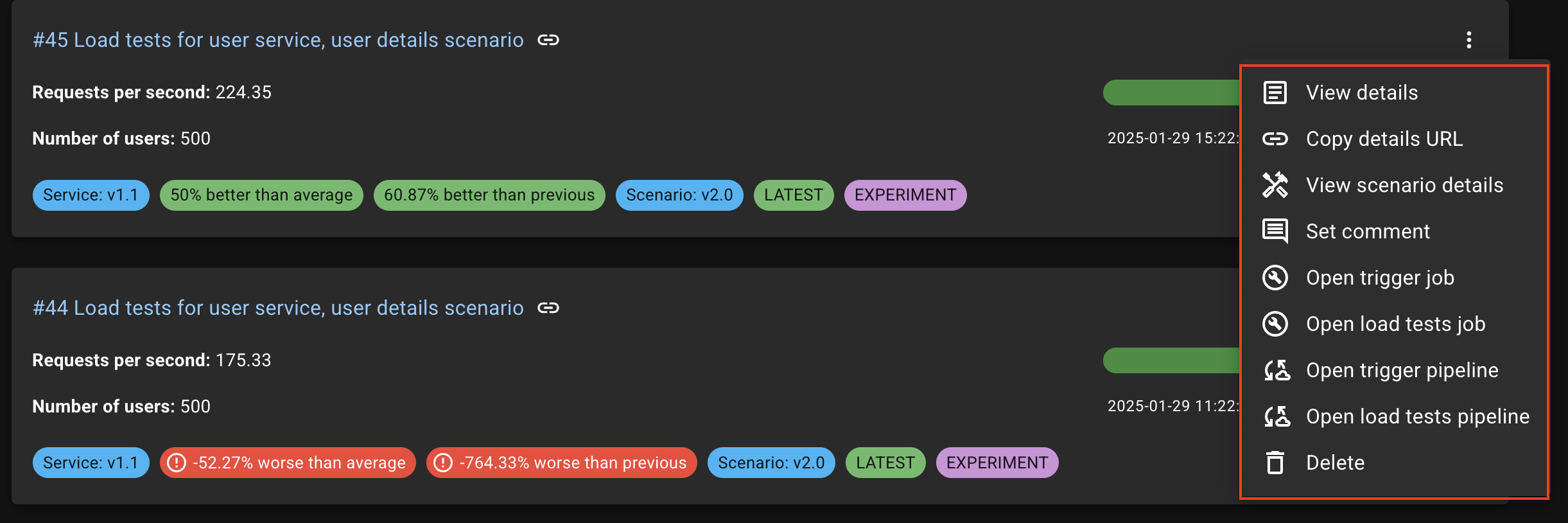 Load test result menu
