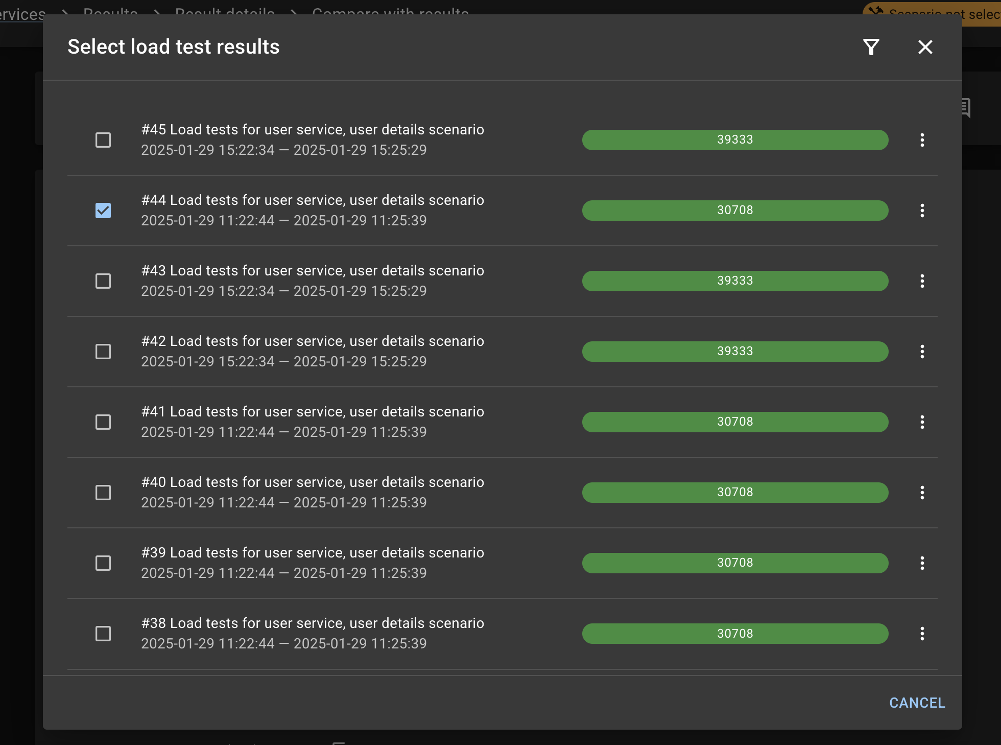 Select load test results for compare